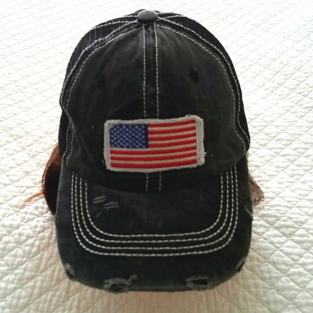 Vintage Style Ponytail American Flag Jean Baseball Hat